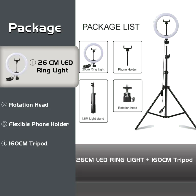 10-Inch LED Ring Light with Adjustable Tripod for Content Creation 10in Ring BK160cm Tidesmit