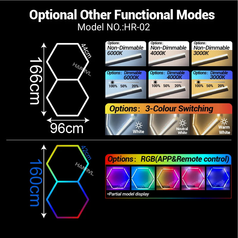 Hexagon honeycomb LED ceiling light model HR-02, RGB and dimmable white color options