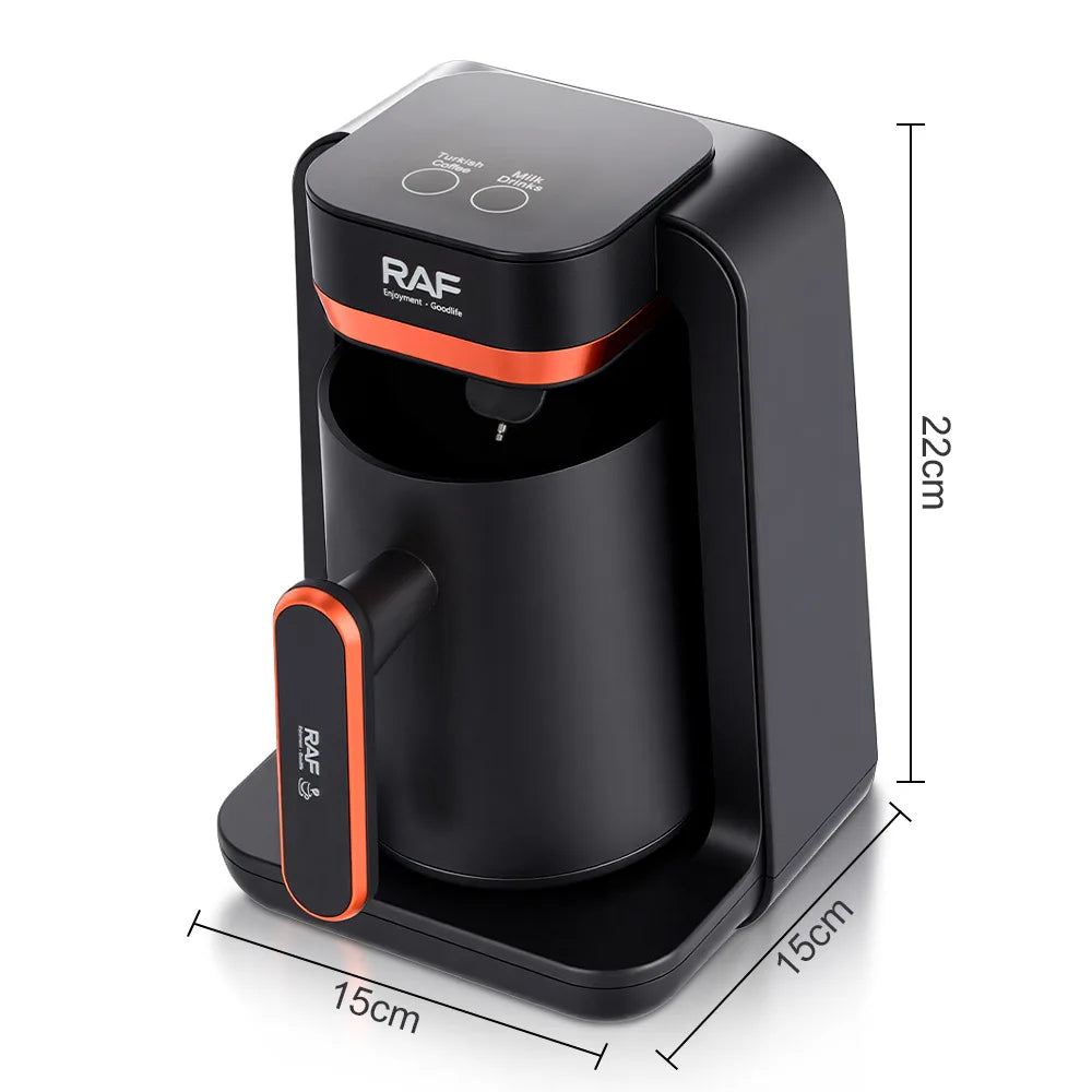 RAF black and orange Turkish coffee maker, 22cm height, compact design with simple control buttons.