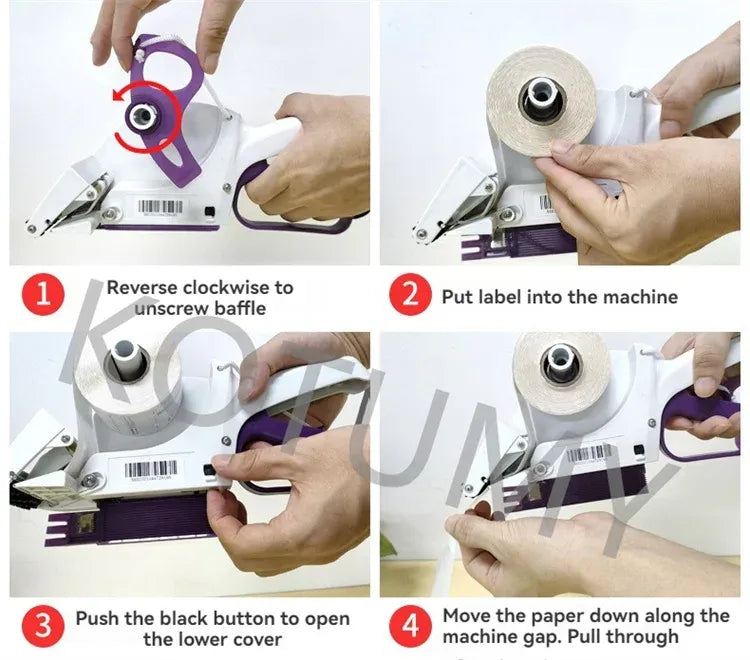 Hands loading a label roll into a purple handheld labeler during setup steps