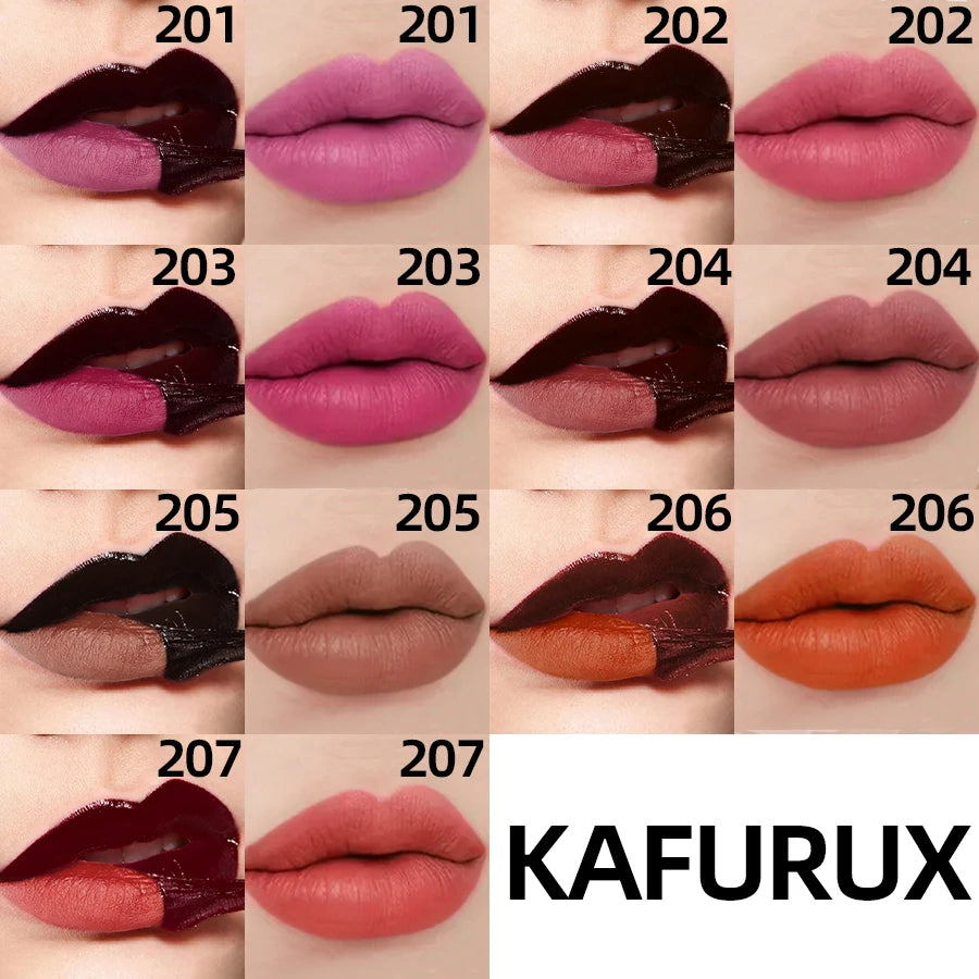 7-color peel-off waterproof lip gloss set showing transition from dark liquid stain to matte pink and nude shades.