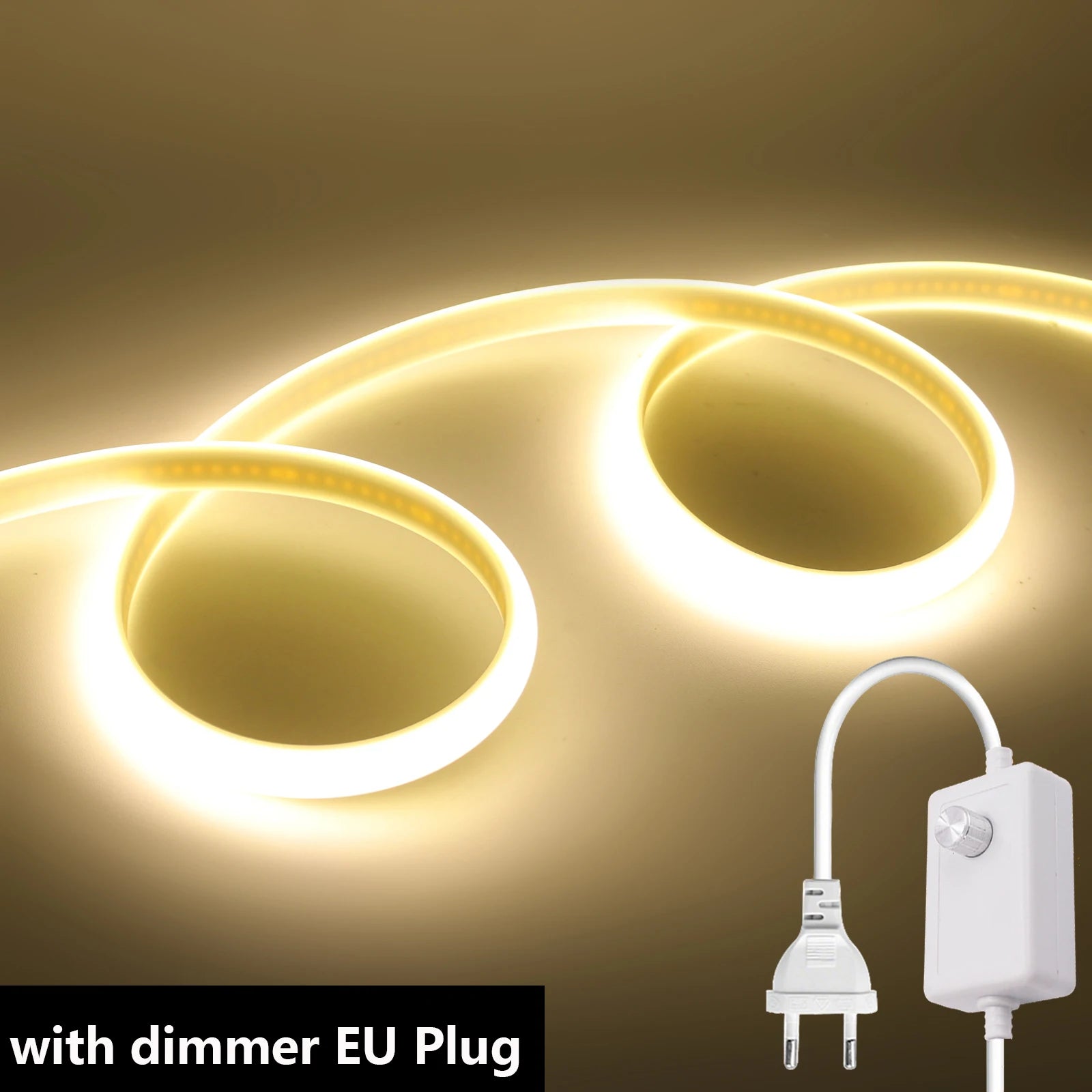 Dimmable LED neon strip with EU dimmer plug, warm-white flexible glowing loops