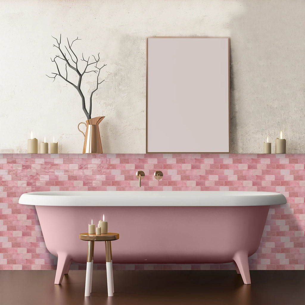 Ceramic tile sticker strip with pink textured brick look on wall behind bathtub