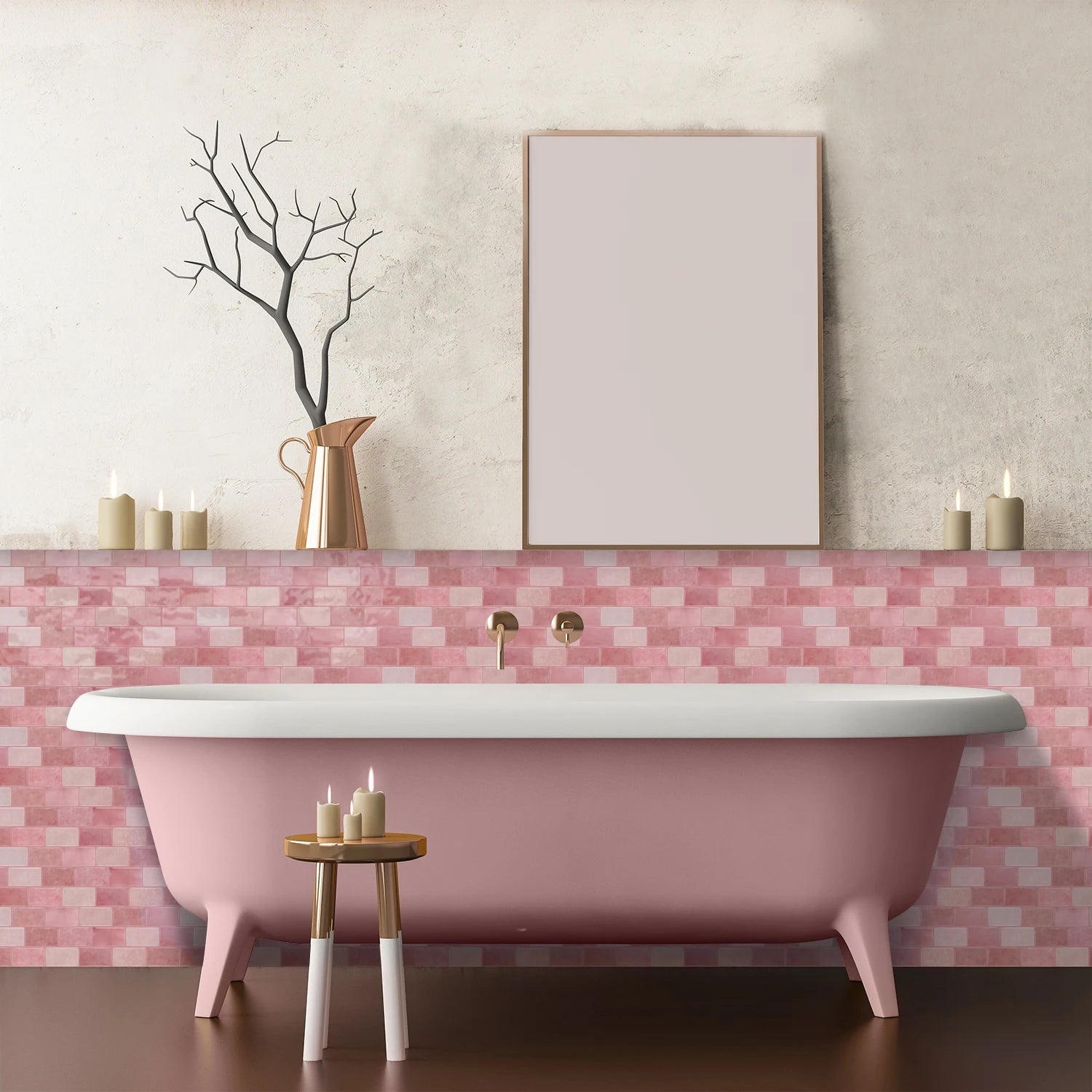 Ceramic tile sticker strip with pink textured brick look on wall behind bathtub