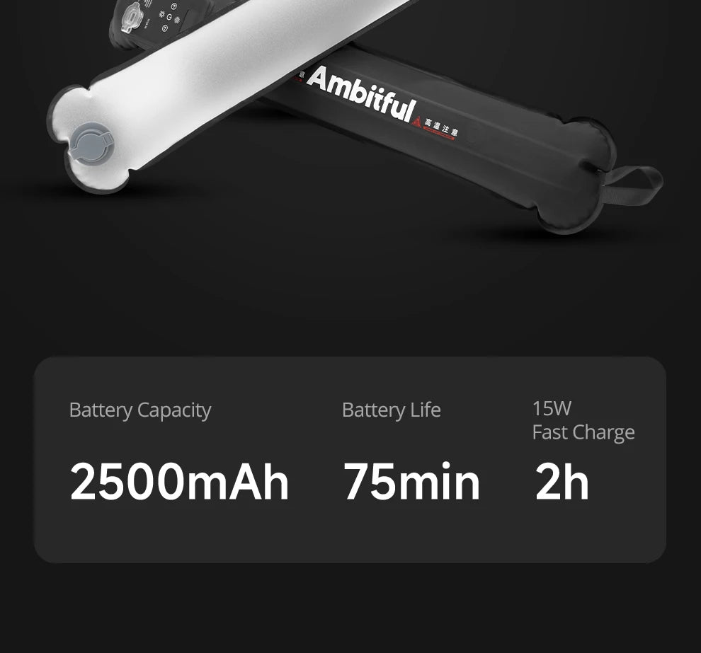 Black LED tube light for photography with 2500mAh battery, 75-minute runtime, and 2-hour 15W fast charging.