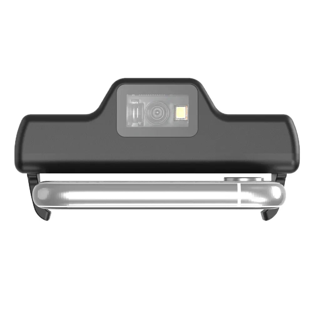 Top view of clip-on 2D barcode scanner with lens window and indicator lights