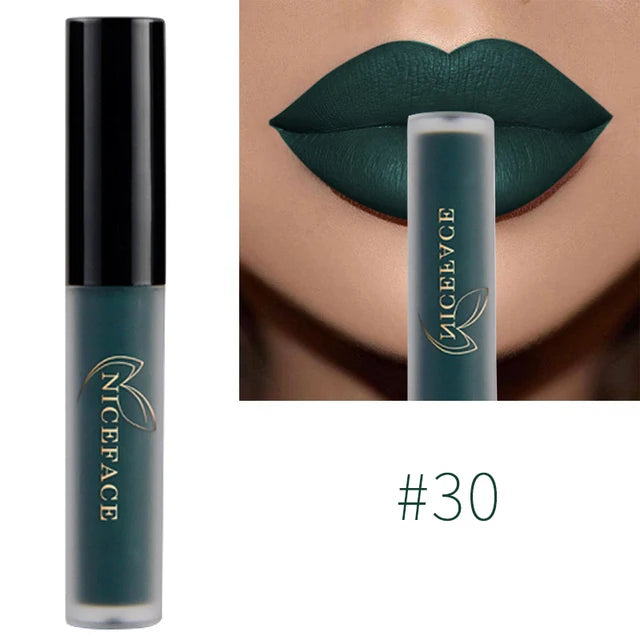 Dark green waterproof matte liquid lipstick #30 by NICEFACE, long-lasting cosmetic lip makeup with a velvet finish.
