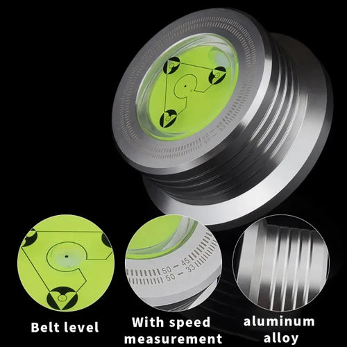 Aluminum alloy LP record stabilizer weight with grooved design and circular level window