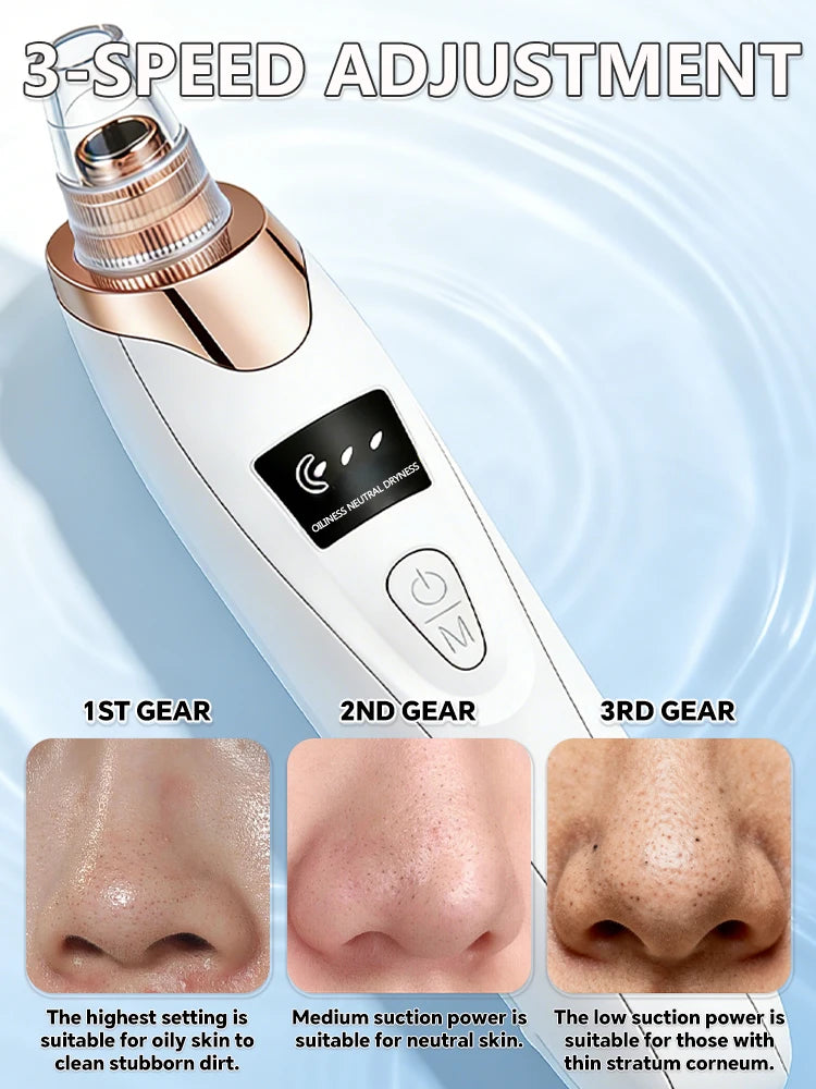 White and rose gold pore vacuum with digital display and three suction settings for facial skin cleaning.