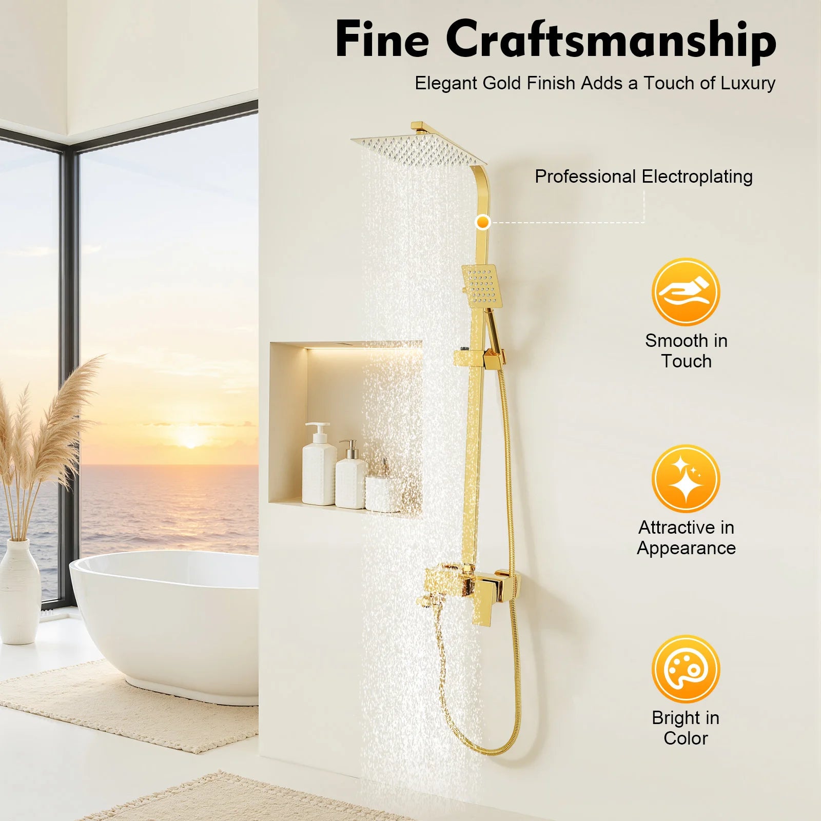 Adjustable Gold Brass Shower Column Set, Rain Shower & Handheld Shower with Stainless Steel Hose, Bathroom Shower Faucet Set