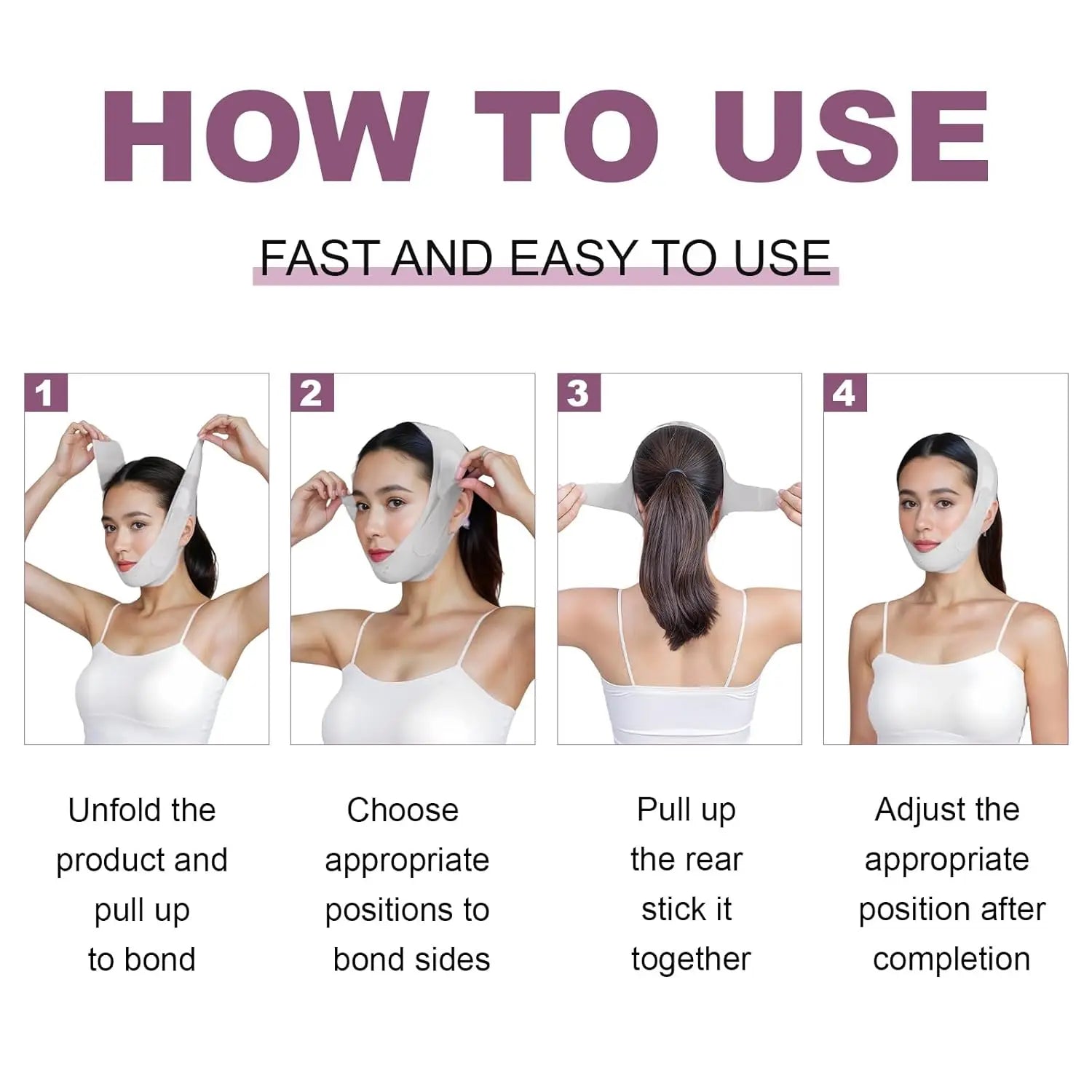 Four-step instruction graphic showing how to apply a grey fabric V-line lifting facial support band.
