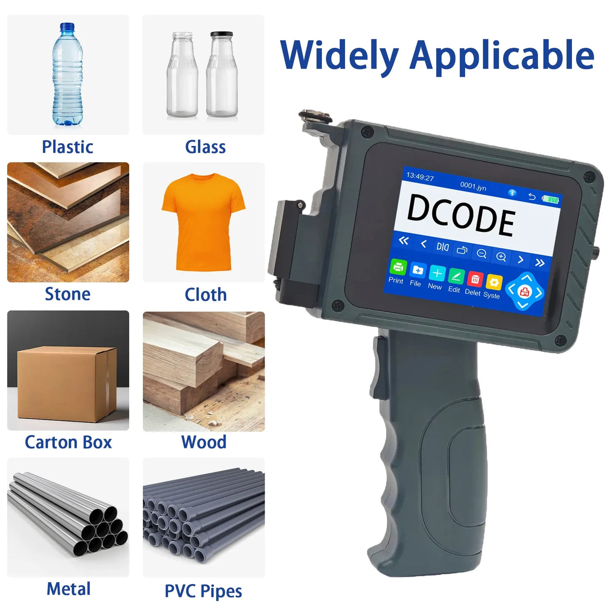 Handheld inkjet printer with screen, shown with material examples like plastic and wood