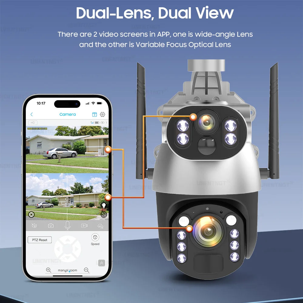 Dual-lens PTZ solar security camera front view with multiple night-vision LEDs