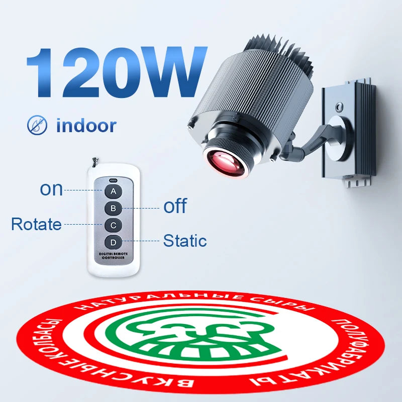 120W indoor rotating LED logo projector with wall-mount bracket and remote