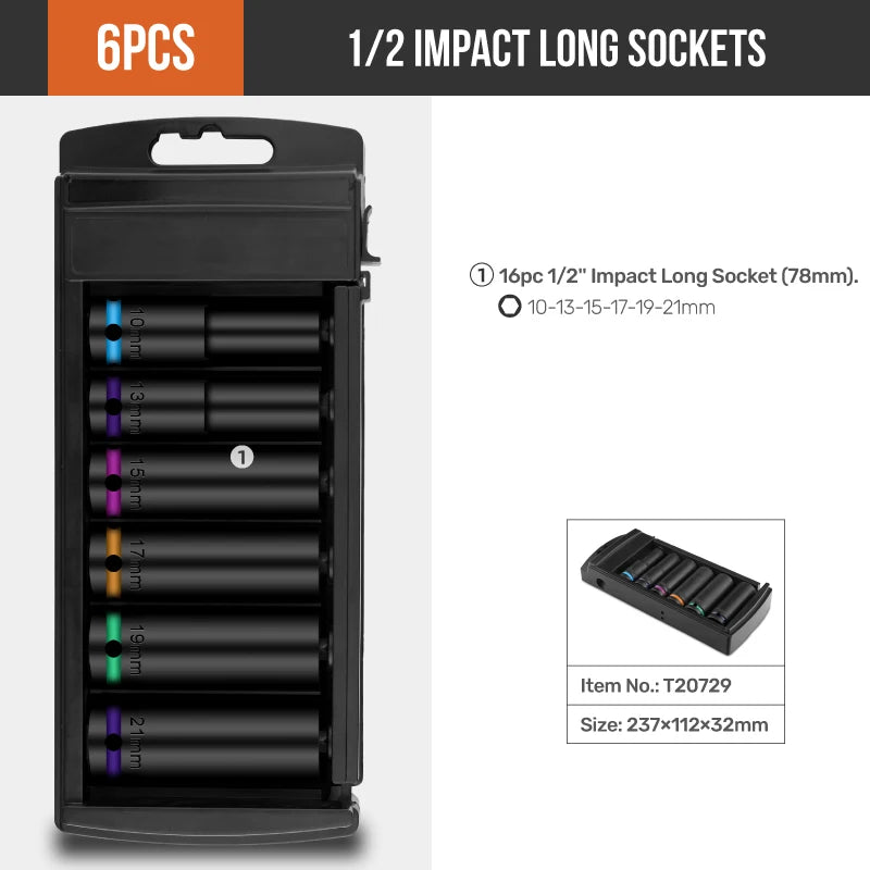 6-piece 1/2 impact long socket set display with black sockets and colored rings