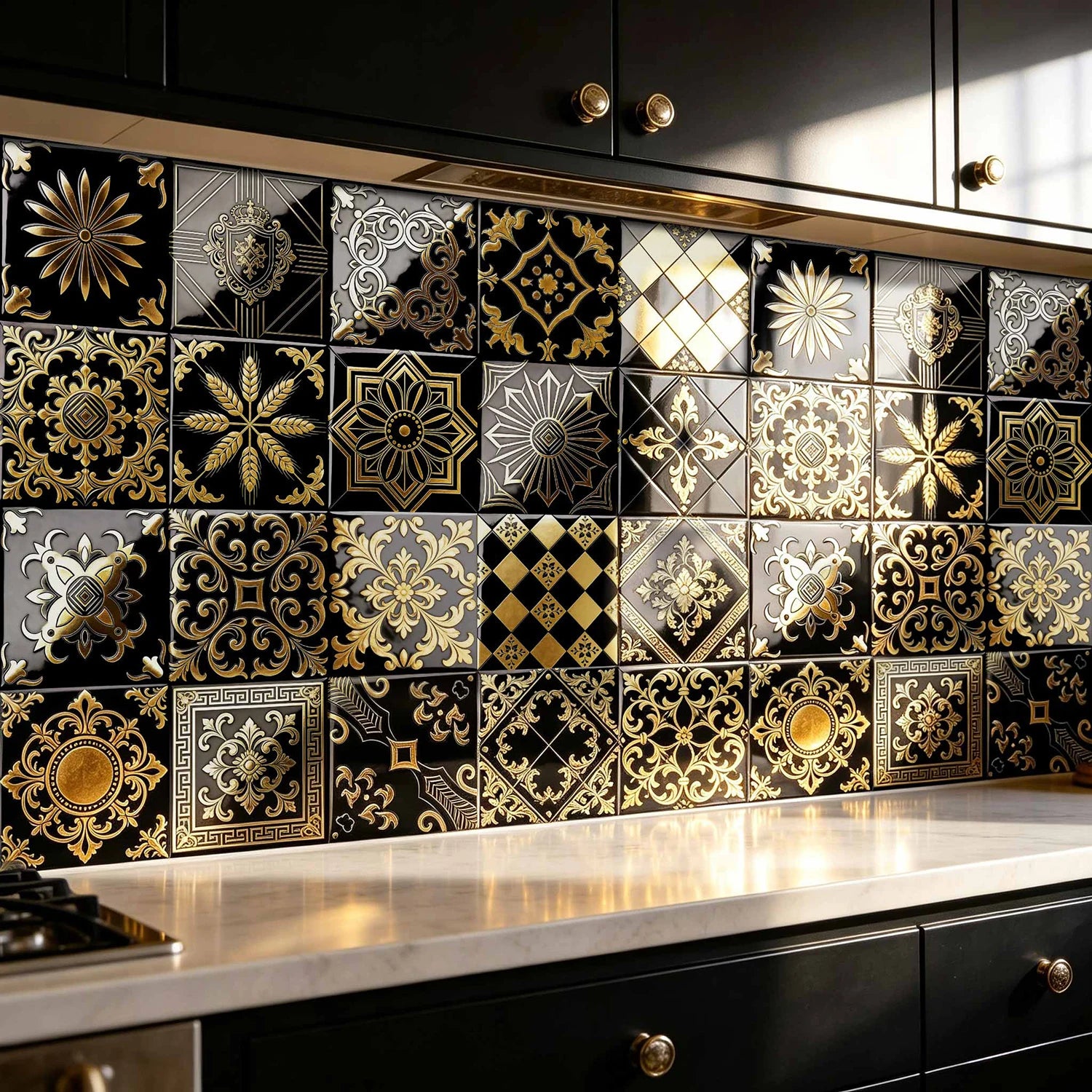 20pcs Classic Black Gold Ornate Baroque Style Tile Transfers Waterproof Stickers for Home Renovation