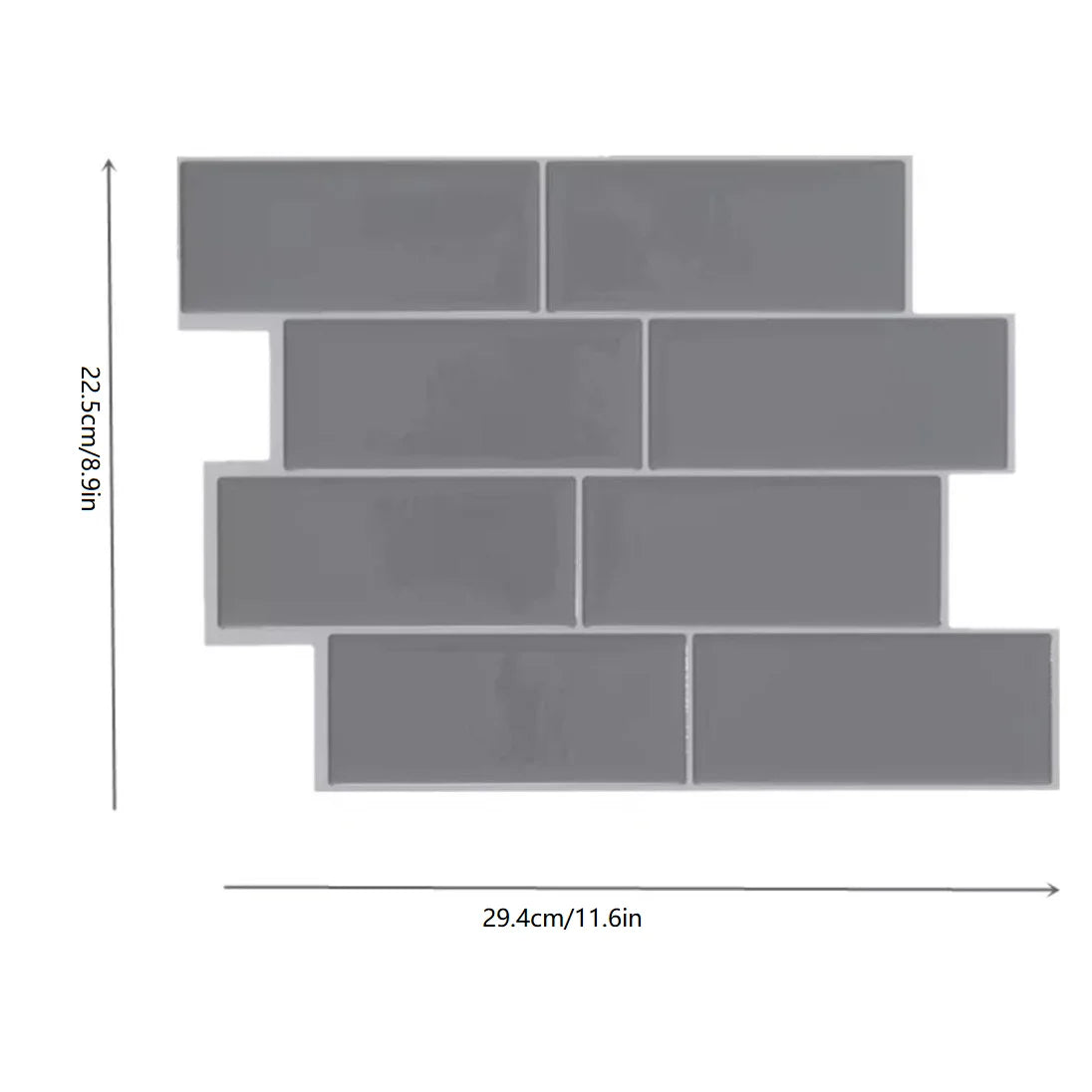 Gray matte tile peel-and-stick sheet with rectangular brick layout and gray seams
