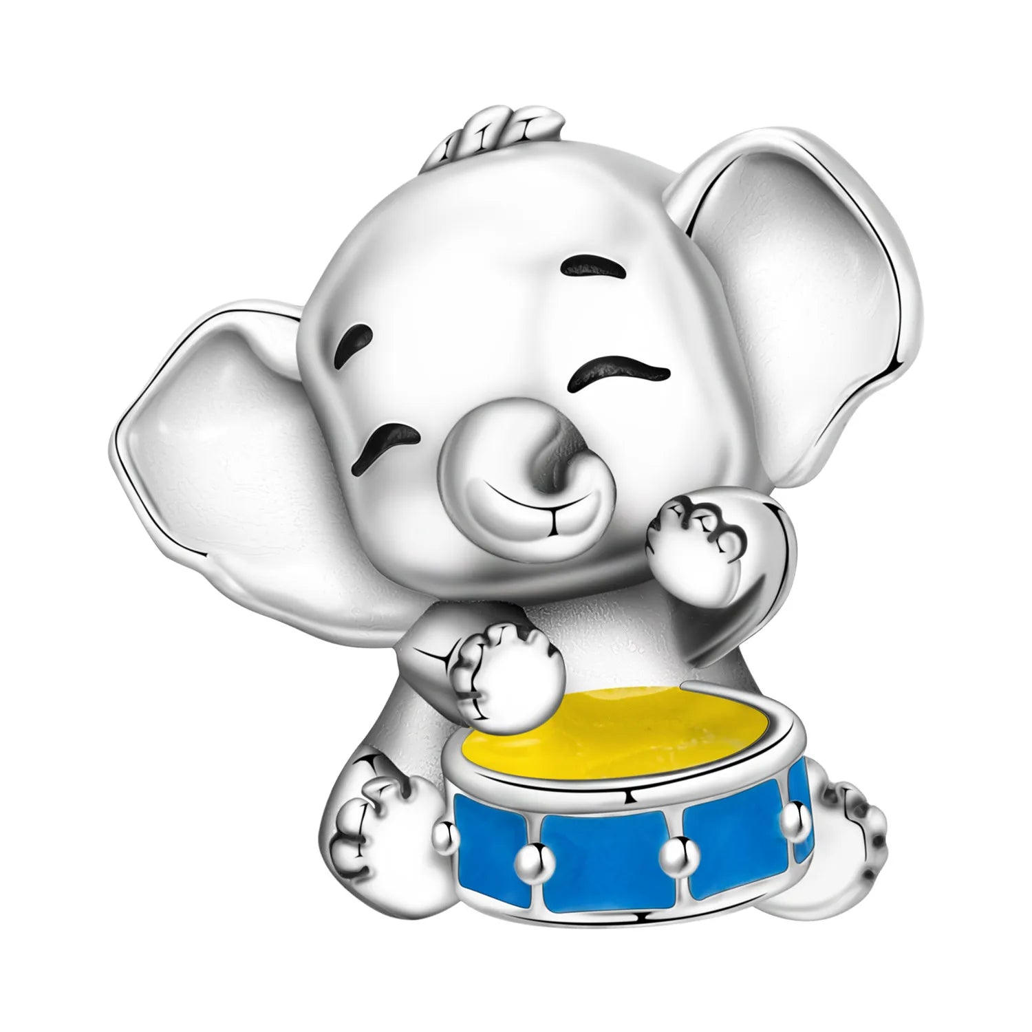 Cute 925 sterling silver elephant charm playing a blue and yellow drum, perfect for DIY bracelets and unique gifts.