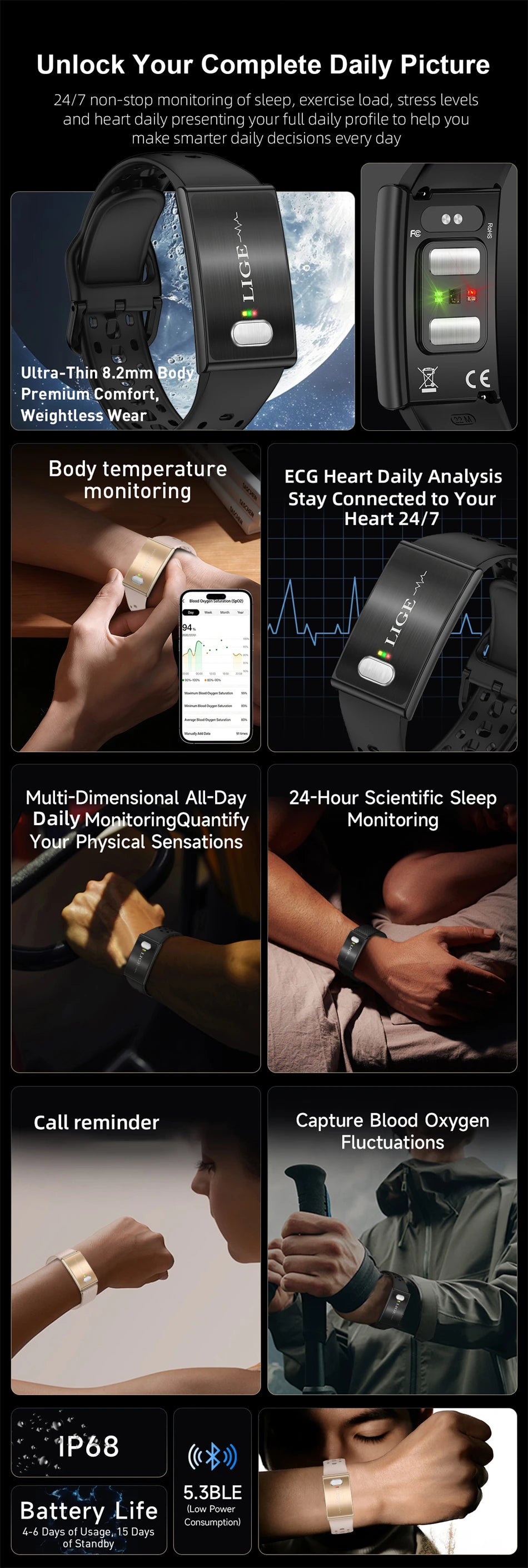 LIGE ECG HRV Health Smart Bracelet Heart Rate Blood Pressure Monitoring Body Fat BMI Body Temperature Fitness Tracker Smartwatch