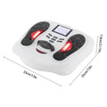 White electric foot massager and blood circulation simulator with control panel, LED lights, and measurement dimensions.