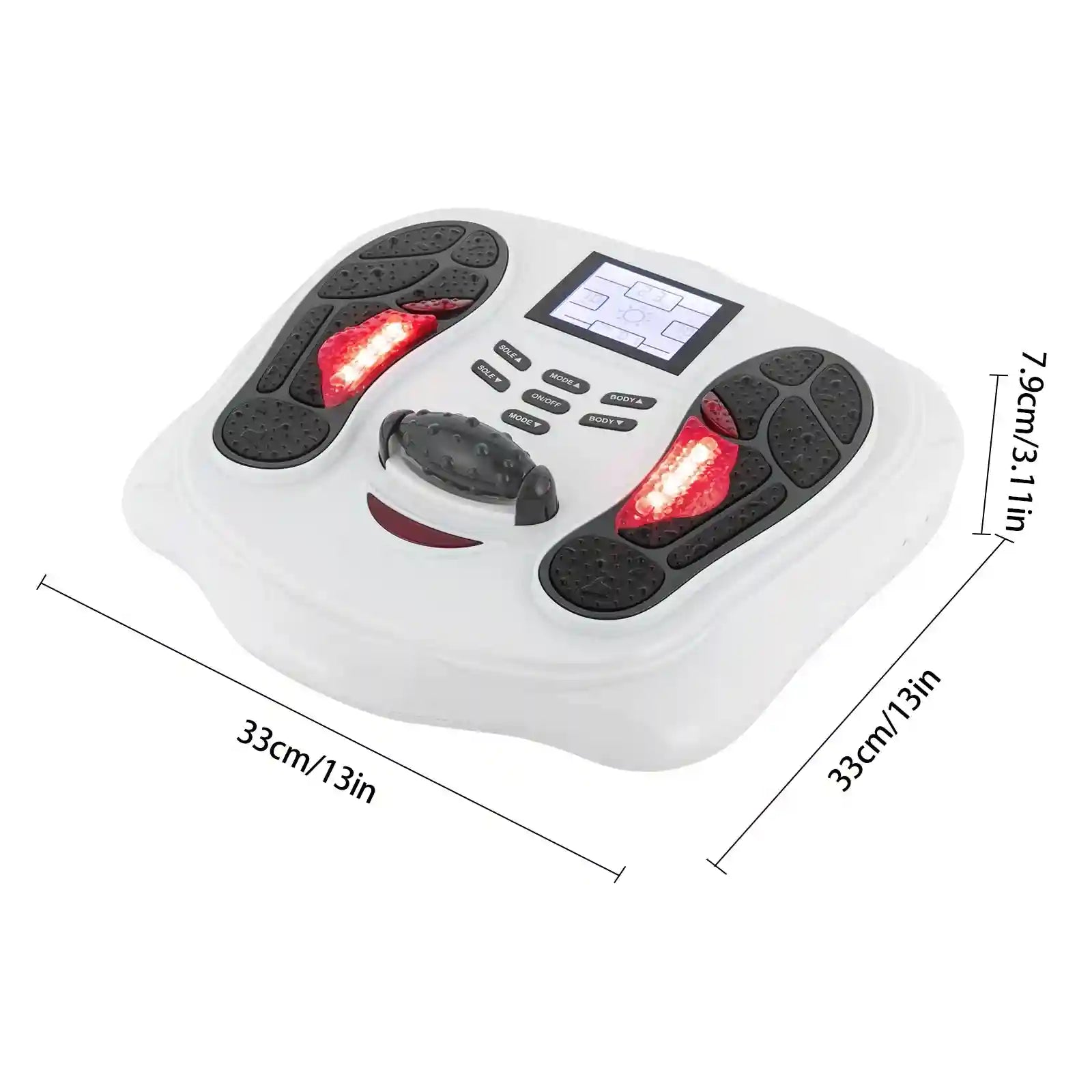 White electric foot massager and blood circulation simulator with control panel, LED lights, and measurement dimensions.