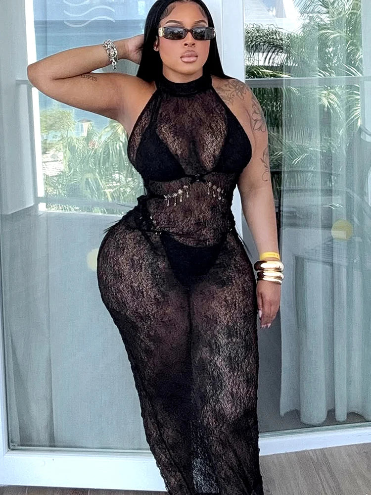 Weird Puss Mesh See Through Sexy Backless Maxi Dress Women Button Halter Sleeveless Midnight Trend Club Party Peach Hip Vestidos
