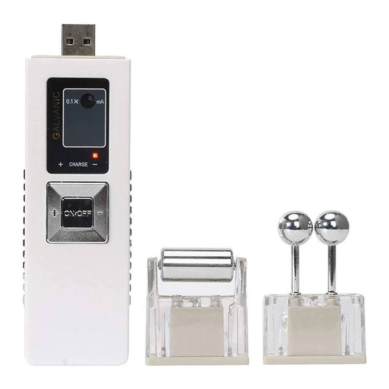 Galvanic facial device with white handle, USB connector, roller attachment, and dual-sphere probe for skin massage.
