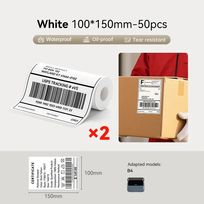 White 100x150mm waterproof label stickers on roll, 50 pcs, tear resistant
