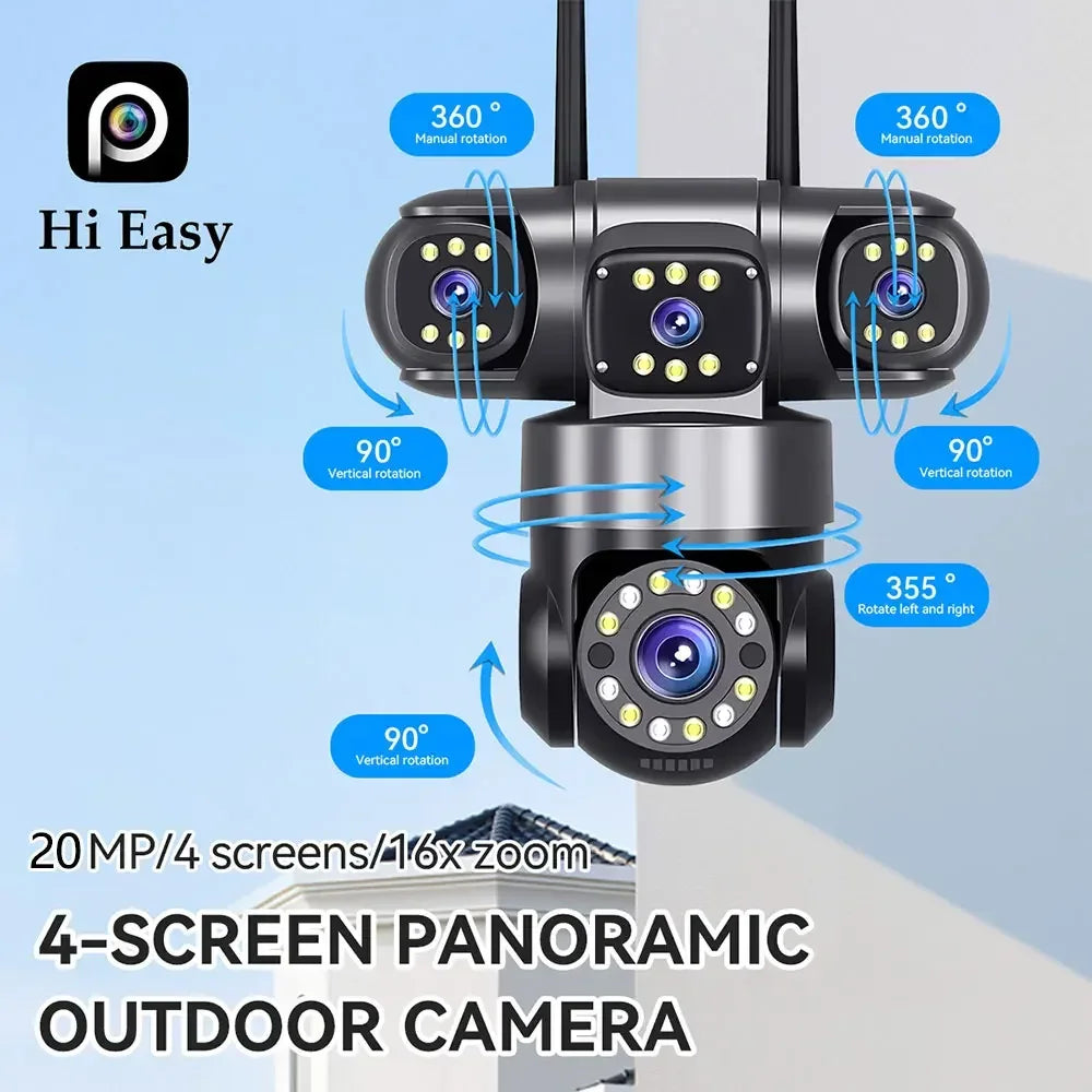 10K 20MP Home Security Outdoor WiFi Camera 4 Lens 4 Screen 360° 16X Zoom CCTV Wireless Surveillance PTZ Cam Security Protection