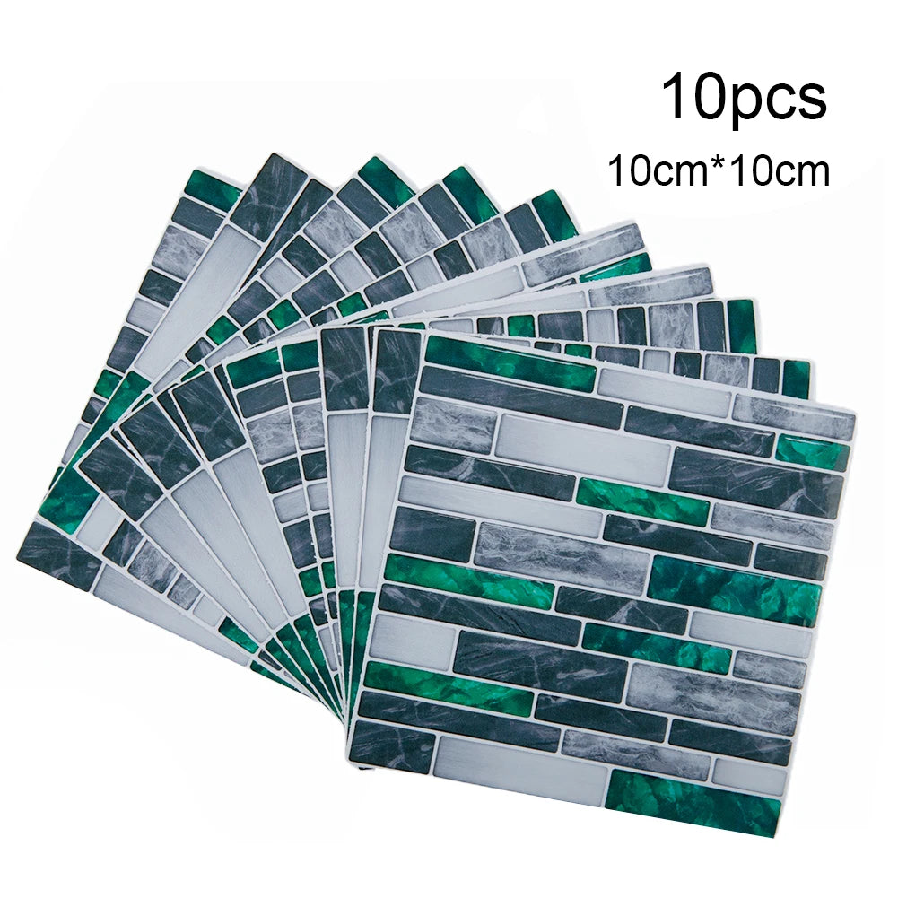 Self-adhesive 3D mosaic tile sticker set, gray and green marble brick pattern, 10 sheets