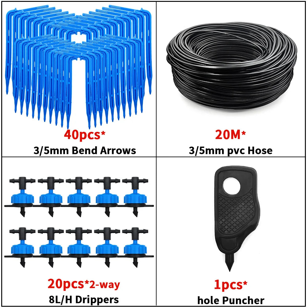 2-way drip irrigation kit with coiled 3/5mm hose, 20 blue drippers, and hole puncher