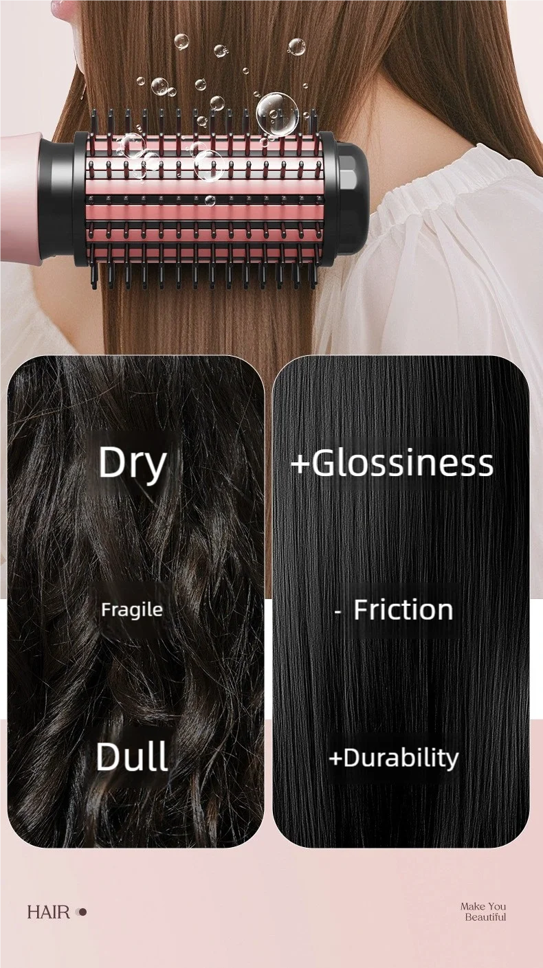 TINSOL pink negative ion hot air brush styling tool for glossy, frizz-free hair with smoothing bristles.