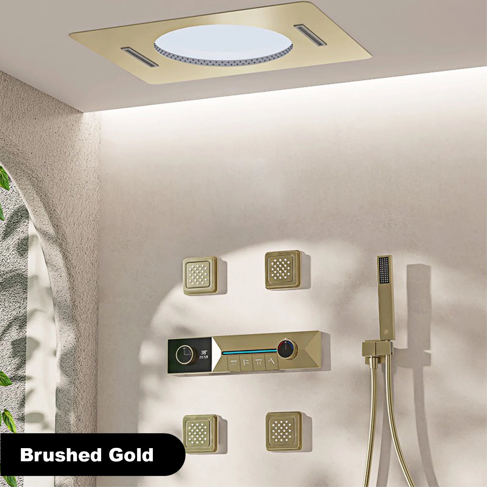 Gunmetal Gray Ceiling Mounted 4-Function Waterfall Shower System with Embedded Brass Thermostatic LED Display Body for Bathroom