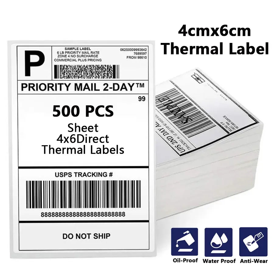 4x6 thermal shipping label sheet with barcode and tracking number, 500 label pack