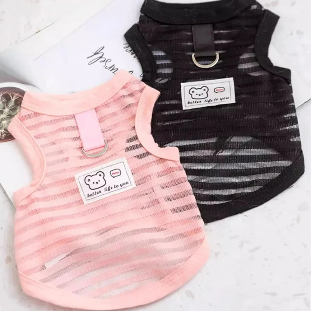 Breathable pink and black mesh summer cooling vests for small dogs, featuring a cute bear patch and harness D-ring.