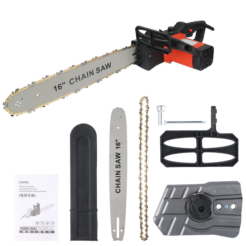 Podofo 16" 2000W Electric Large Chain Saw 16inch Corded High Speed Large Chain Saw Wire Motor Power Woodworking Cutter Garden Tool
