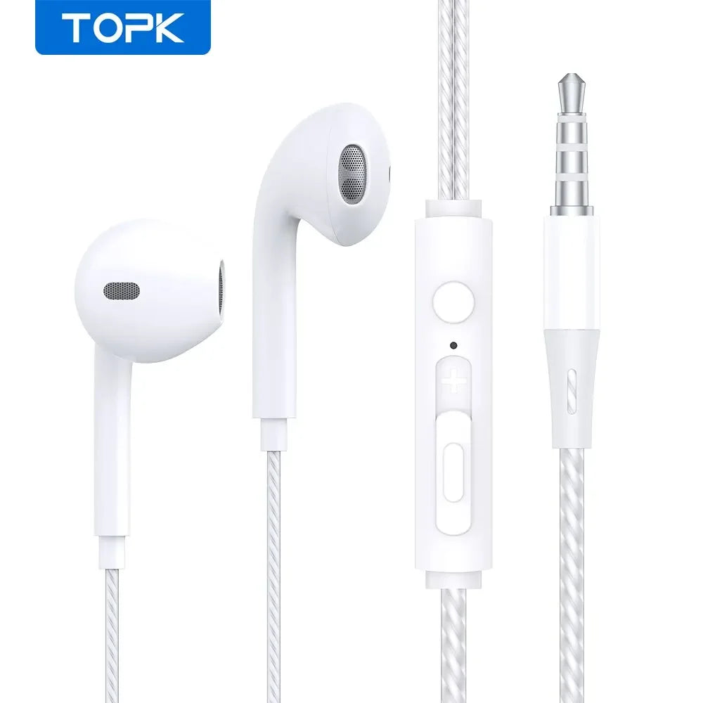 TOPK F20 3.5mm In-ear Headphone HiFi Sound Quality with Mic Type C Jack Earphone Original High Quality Headset Sport Headset White for 3.5mm Jack Tidesmit