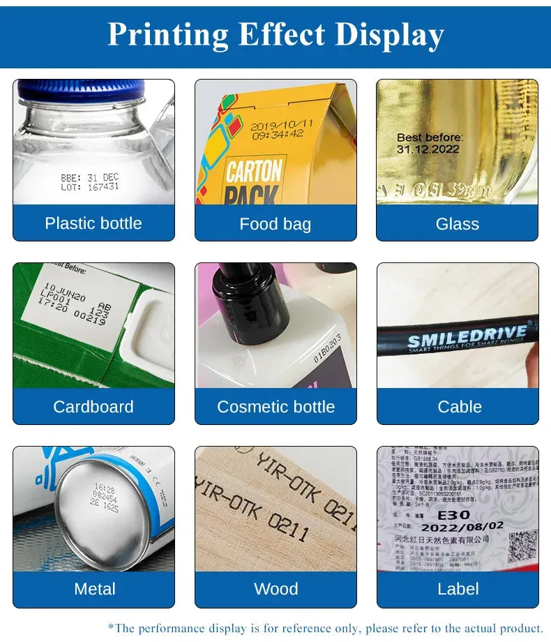 Inkjet printer label samples on plastic bottle, cardboard, metal, wood, and cable