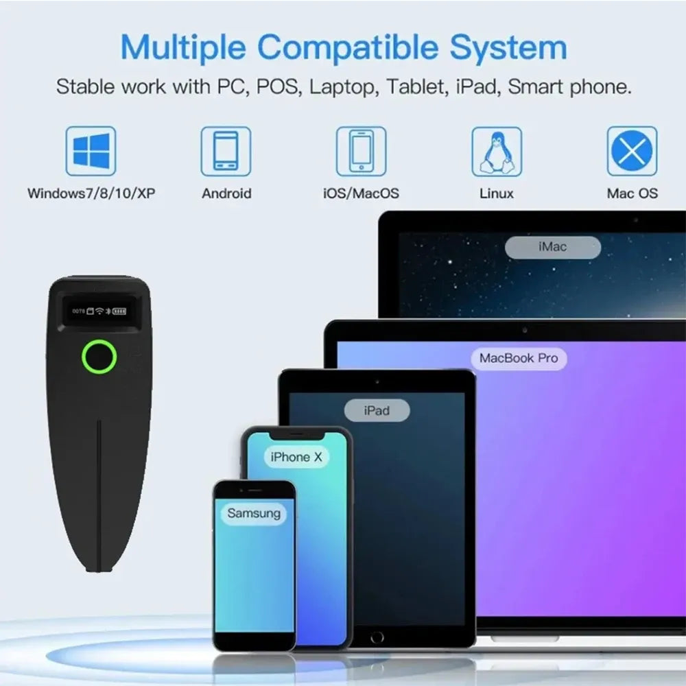 Black handheld barcode scanner with broad device compatibility for computers and phones