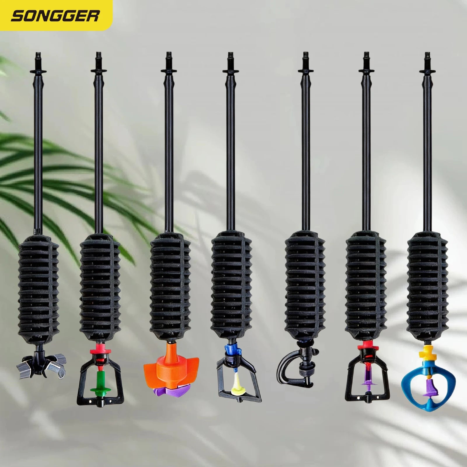 Inverted micro sprinkler nozzle set with multiple upright nozzles and color outlets