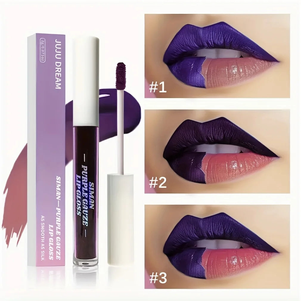 Long-lasting purple matte lip ink and liquid lipstick with applicator, showing deep violet pigment and peel-off texture.