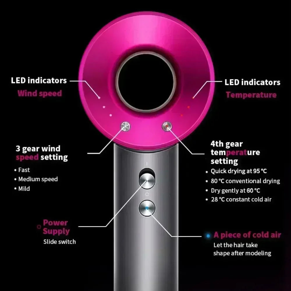 Pink 5-in-1 professional hair dryer with LED speed and temperature indicators, 3 wind gears, and 4 heat settings.