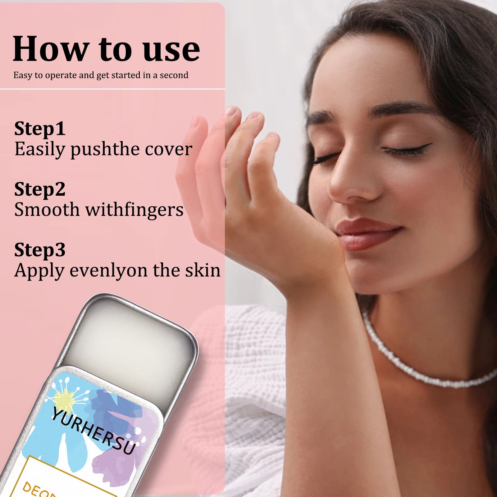 Deodorizing body balm in a sliding metal tin with smooth, creamy texture and floral-patterned label.
