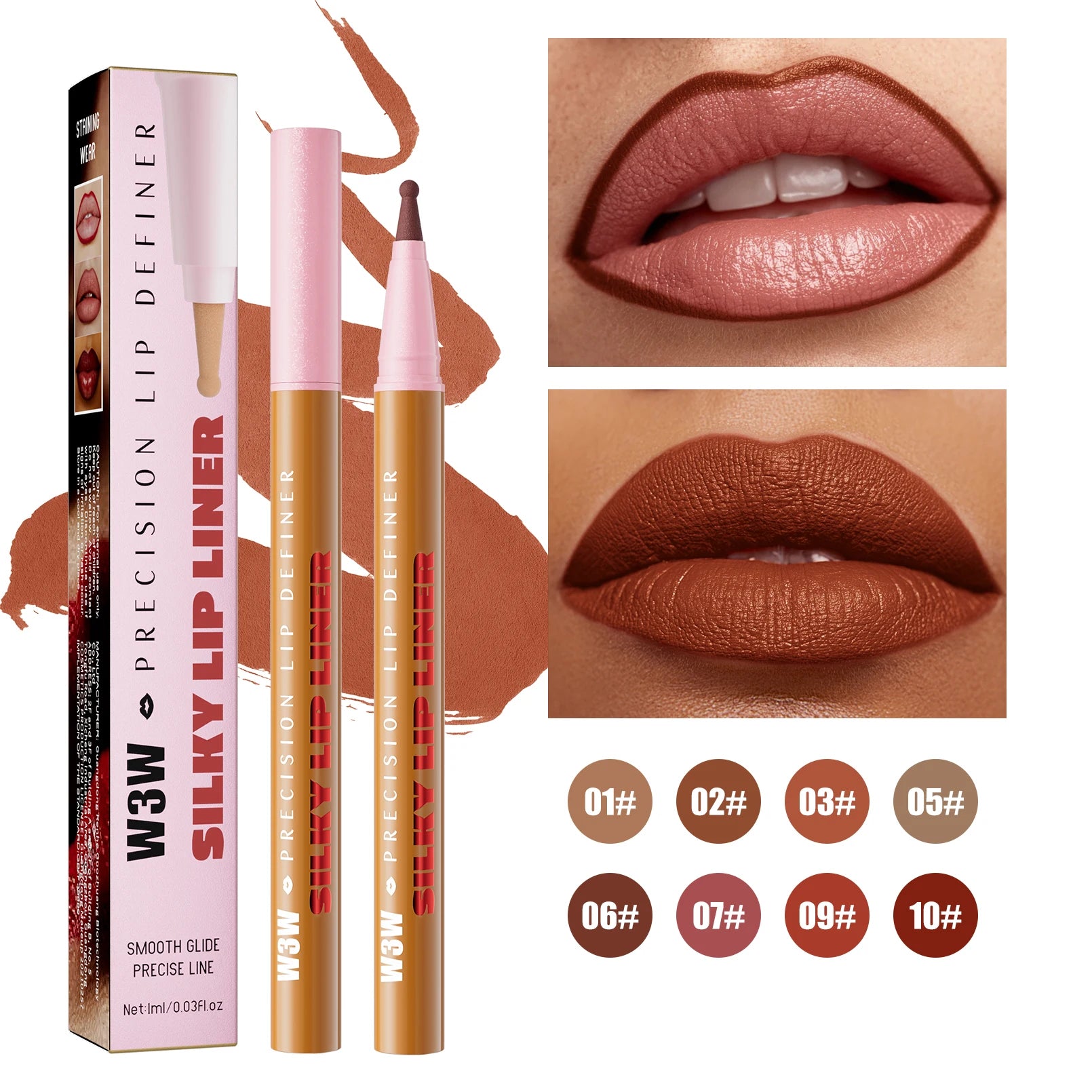 Waterproof liquid matte lip liner pencil in various brown shades with a smooth, plumping stain finish for precise lips.