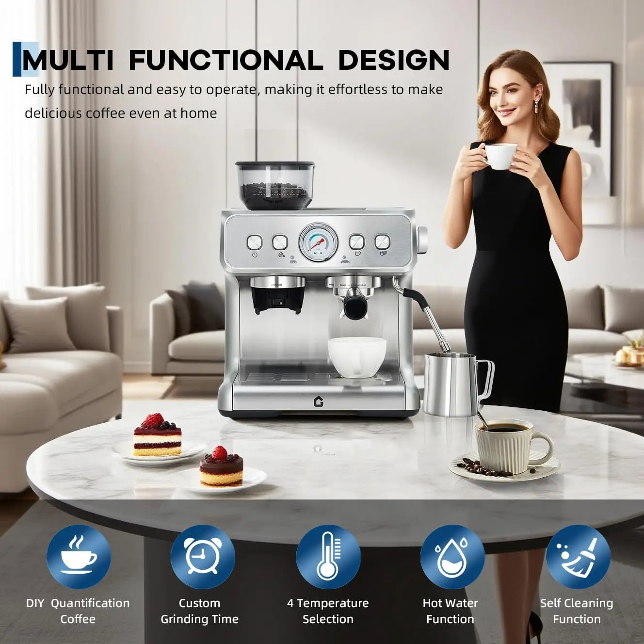 Silver stainless steel espresso machine with integrated grinder, pressure gauge, and milk frother for home brewing.