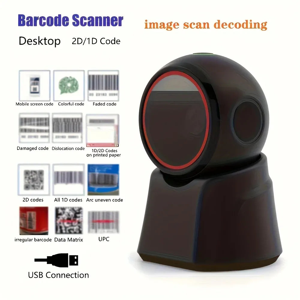 Black desktop barcode scanner with red ring, omnidirectional scan head on base