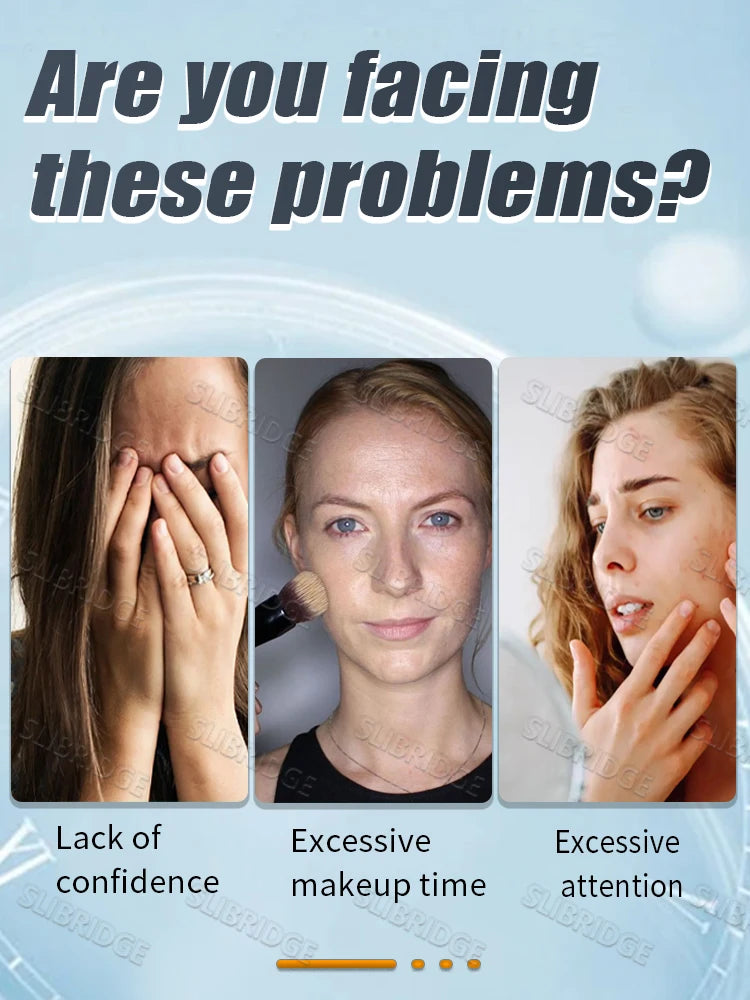 An ad showing three women dealing with skin concerns, labeled with "Lack of confidence," "Makeup time," and "Attention."