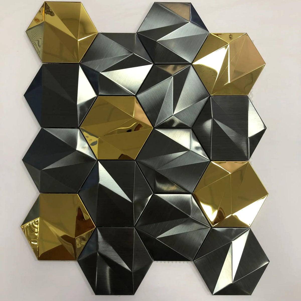 Hexagon self-adhesive metal mosaic tiles panel, mixed black, silver, and gold reflective hexagons.