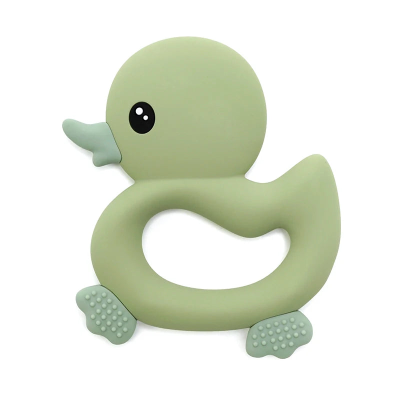 Sage green duck silicone baby teething toy for soothing sore gums.