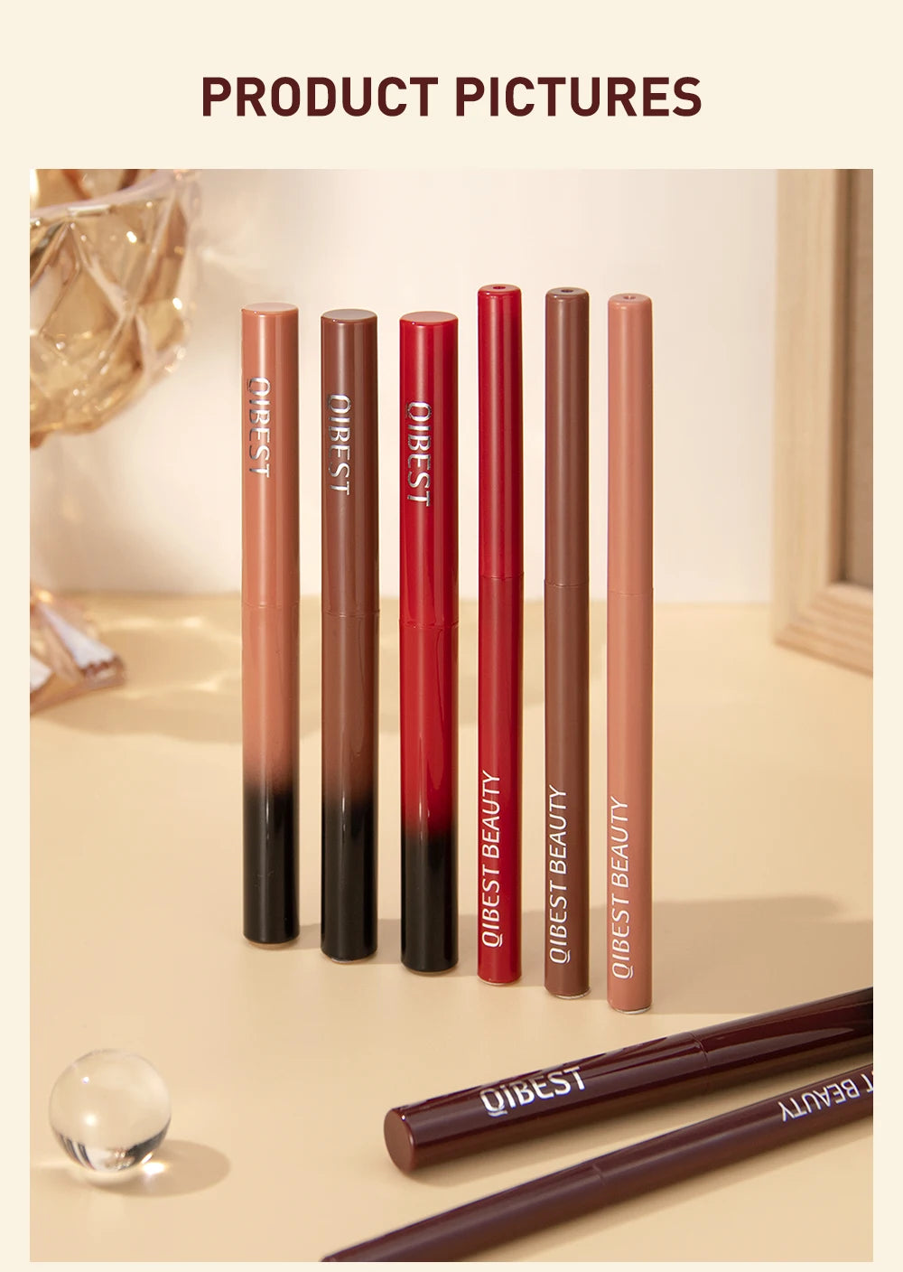 QIBEST matte nude and red lip liner pencil set with long-lasting, waterproof formula for precise lip makeup application.